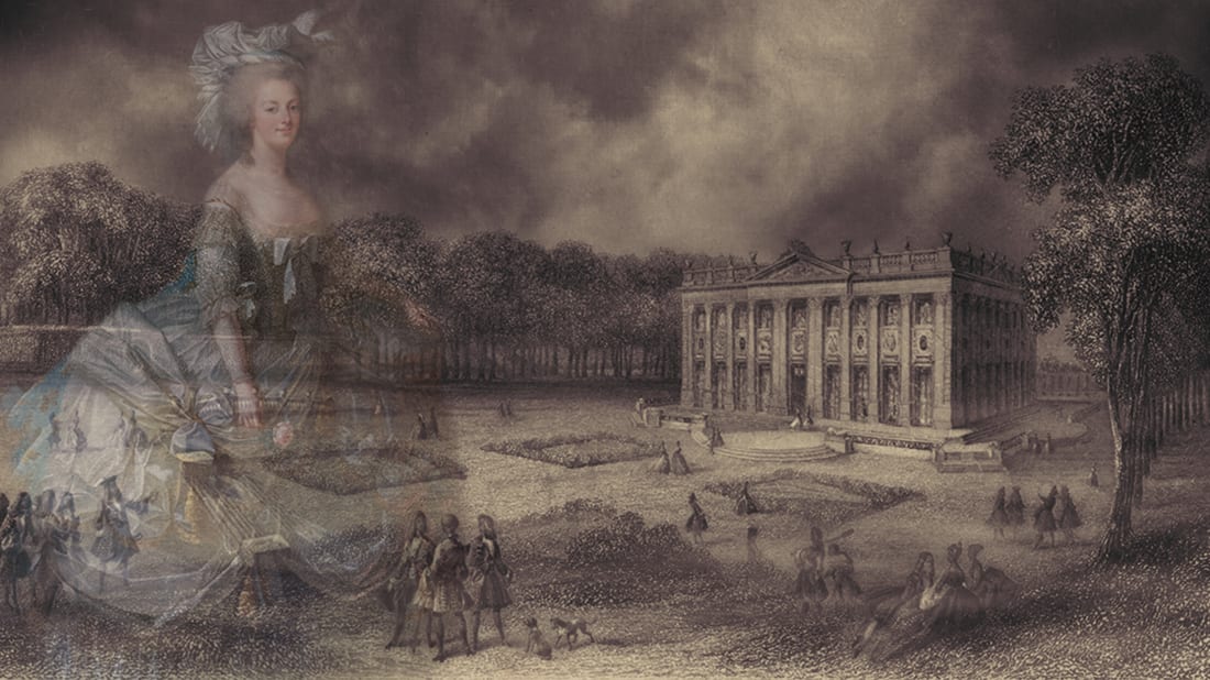 Photo illustration by Mental Floss. Marie Antoinette: Ian Dagnall and Petit Trianon: Heritage Image Partnership Lt, Alamy. Clouds: iStock
