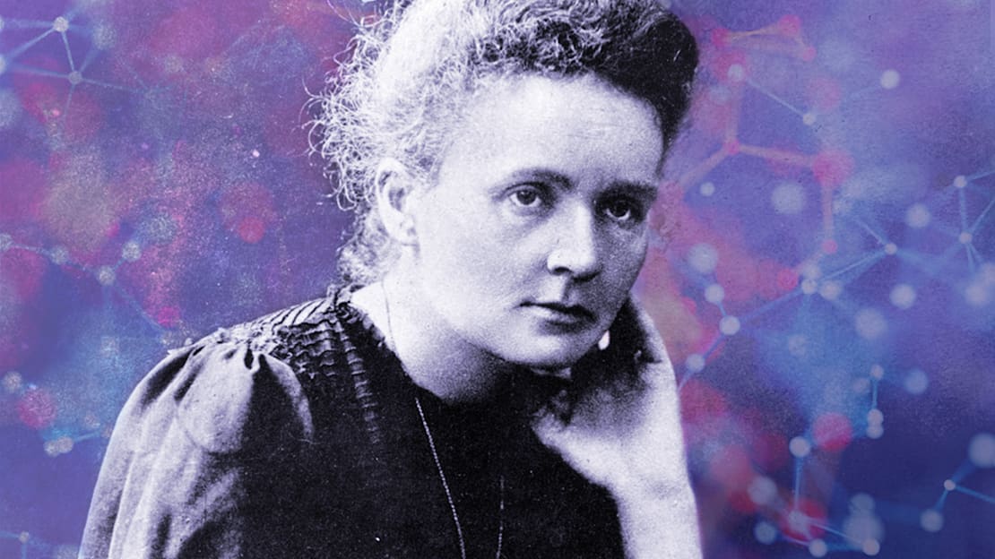 Photo Illustration by Mental Floss. Curie: Hulton Archive, Getty Images. Background: iStock