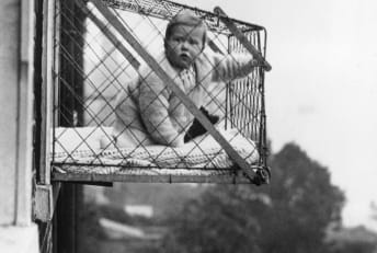 Nothing to see here—just a baby in a cage hanging out a window, taking in the air!