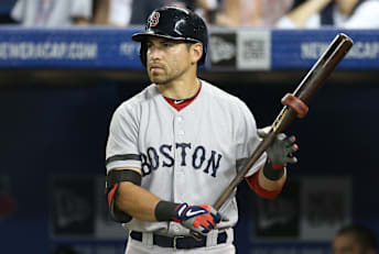 Jacoby Ellsbury of the Boston Red Sox wields a bat with a ring in 2013.