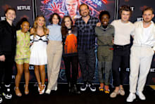 Stranger Things cast members Noah Schnapp, Priah Ferguson, Millie Bobby Brown, Carmen Cuba, Winona Ryder, David Harbour, Caleb McLaughlin, Joe Keery, and Dacre Montgomery