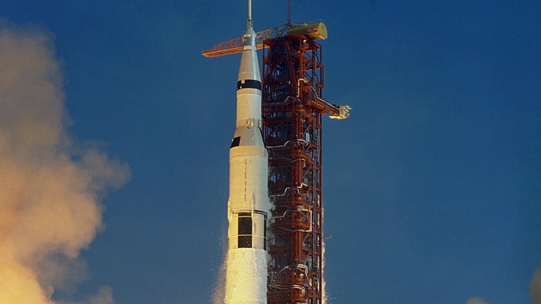 The Saturn V rocket takes off on July 16, 1969. 