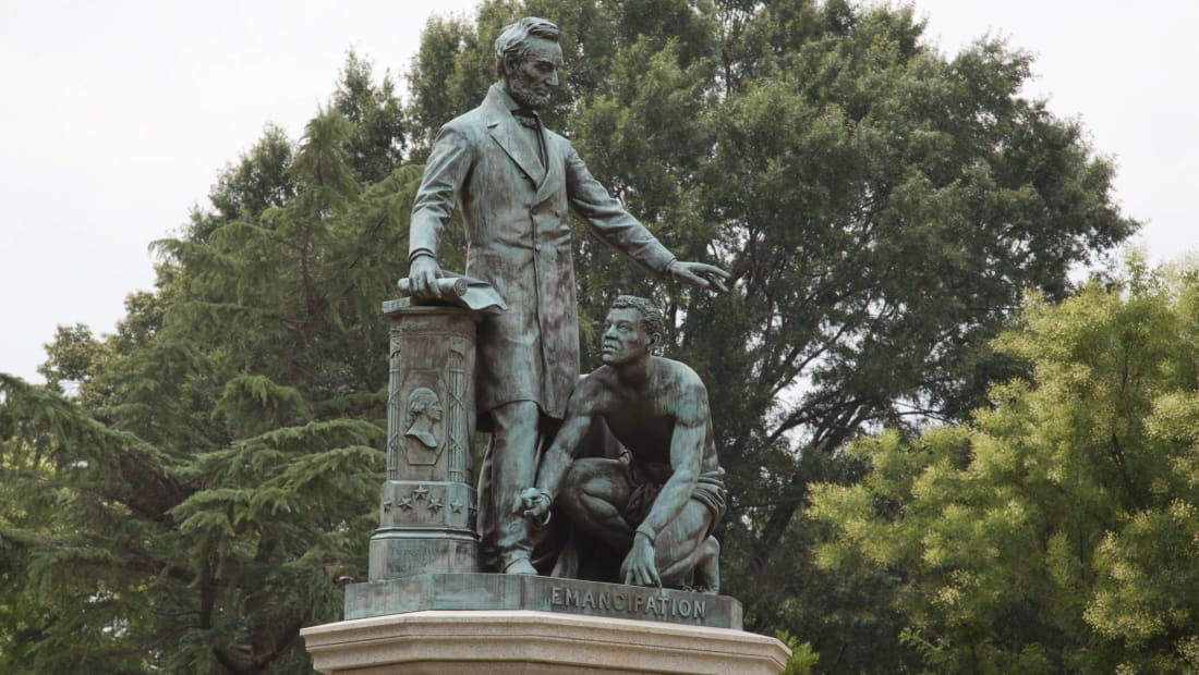 "What I want to see before I die is a monument representing the negro, not couchant on his knees like a four-footed animal, but erect on his feet like a man," Frederick Douglass wrote in response to this memorial in 1876.
