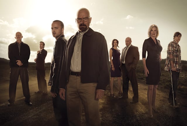 The cast of Breaking Bad gathers for a photo shoot.