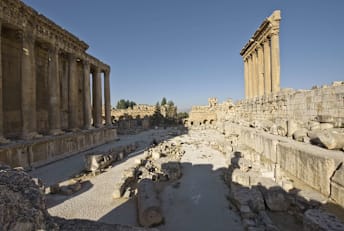 The ruins of the Temple of Bacchus and the Temple of Jupiter at Baalbek.