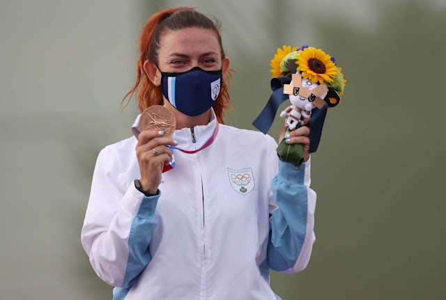 Alessandra Perilli with her bronze medal after the trap-shooting finals on July 29, 2021.