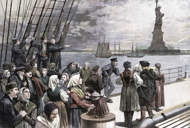 A 19th-century illustration of immigrants arriving at Ellis Island. Or are they emigrants?