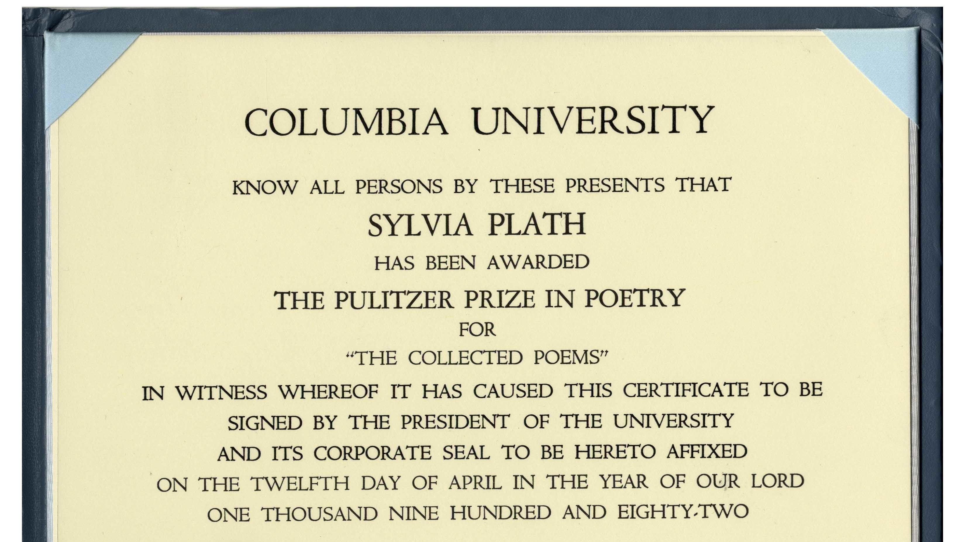 Sylvia Plath S Pulitzer Prize In Poetry Is Up For Auction Mental Floss