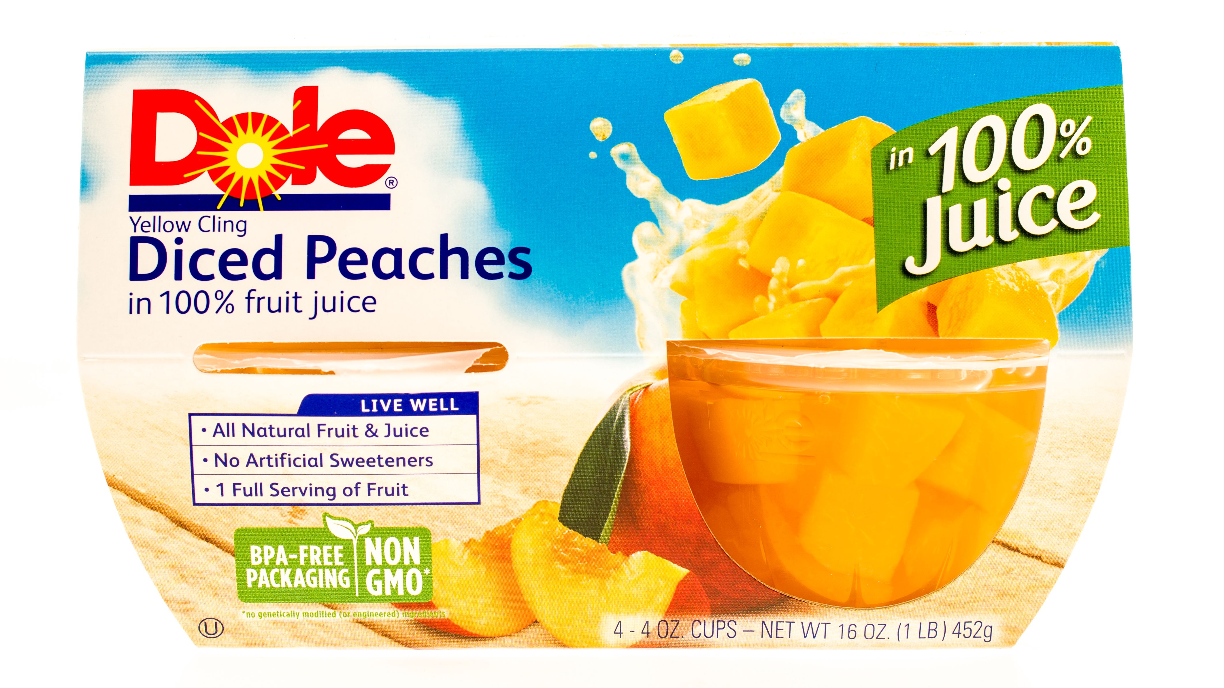 100 fruit. 100 Sok. Dole Peach in Juice.