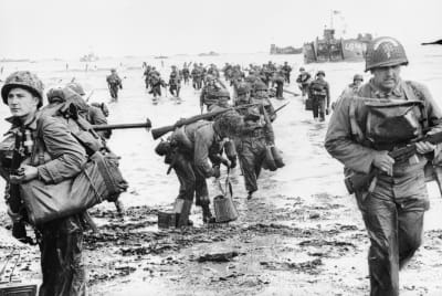 American troops landing on Omaha beach at Normandy on D-Day.