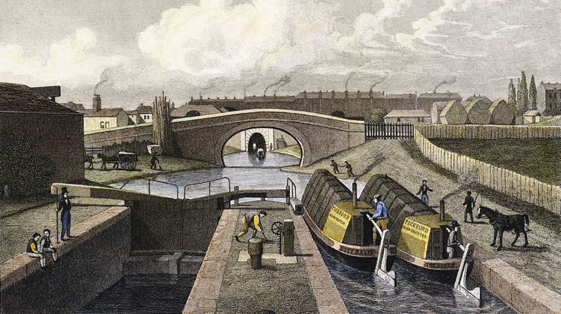 Frederick James Havell's painting, "The Double Lock and East Entrance to the Islington Tunnel, Regent's Canal" (1827), shows two horse-drawn canal boats passing through the lock, approaching the tunnel. Construction of the Regent's Canal began in 1812.