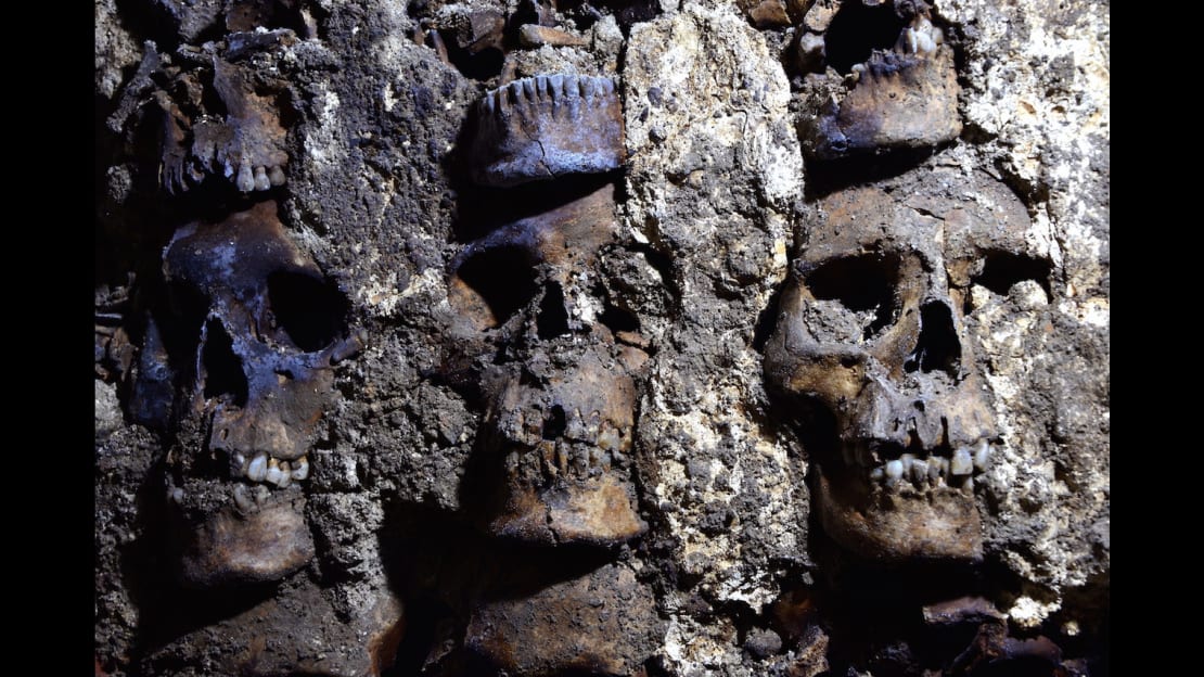 A portion of the skull wall at Huei Tzompantli.