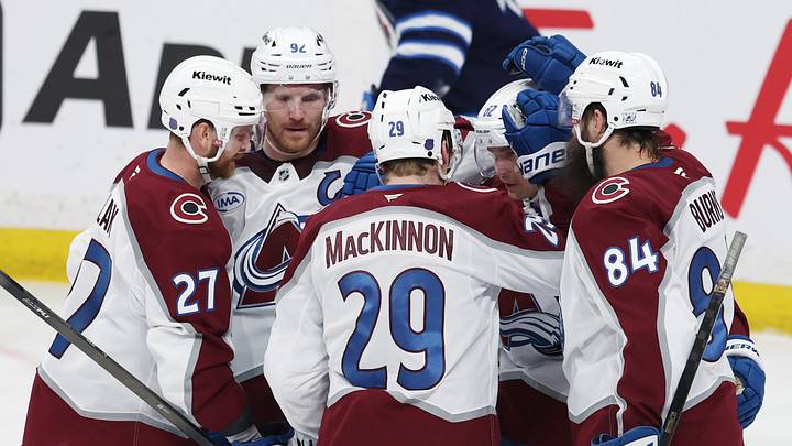 Mar 26, 2026; Winnipeg, Manitoba, CAN; Colorado Avalanche center Nathan MacKinnon (29) celebrates a goal against the Winnipeg Jets in the third period at Canada Life Centre. Mandatory Credit: James Carey Lauder-Imagn Images