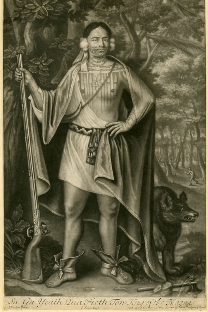 JOHN SIMON AFTER JOHN VERELST, “SA GA YEATH QUA PIETH TOW, KING OF THE MAQUAS,” 1710, MEZZOTINT, NEW-YORK HISTORICAL SOCIETY LIBRARY