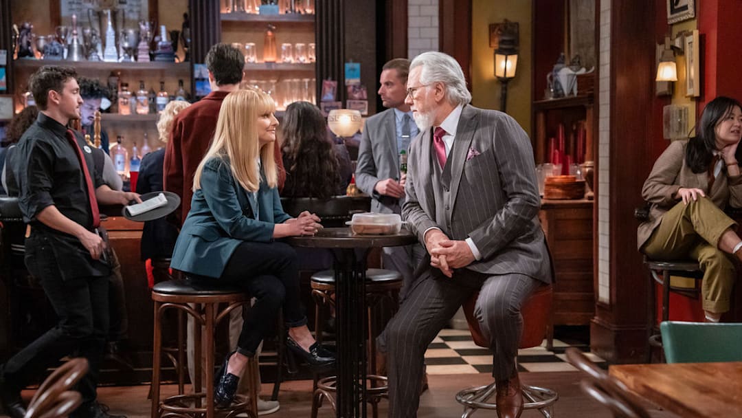 NIGHT COURT -- "Passing The Bar" Episode 315 -- Pictured: (l-r) Melissa Rauch as Abby Stone, John Larroquette as Dan Fielding -- (Photo by: Nicole Weingart/NBC)