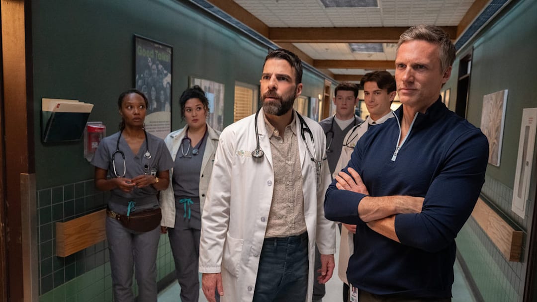 BRILLIANT MINDS -- "Phantom Hook" Episode 201 -- Pictured: (l-r) Ashleigh LaThrop as Dr. Ericka Kinney, Aury Krebs as Dr. Dana Dang, Zachary Quinto as Dr. Oliver Wolf, Alex MacNicoll as Dr. Van Markus, Brian Altemus as Dr. Charlie Porter, Teddy Sears as Dr. Josh Nichols -- (Photo by: Pief Weyman/NBC)