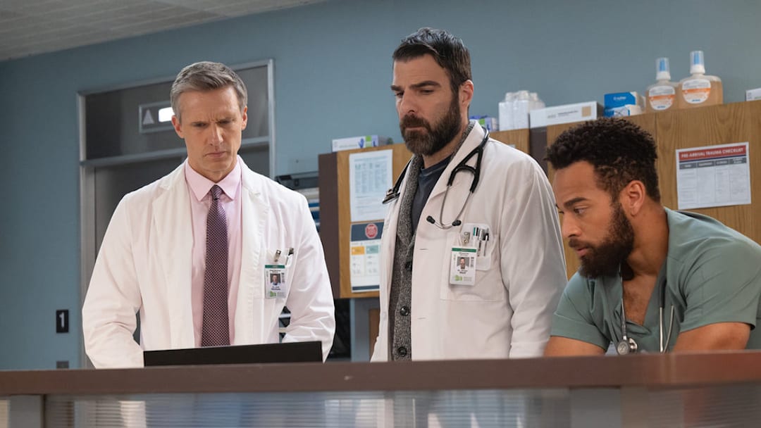 BRILLIANT MINDS -- "The Invisible Man" Episode 214 -- Pictured: (l-r) Teddy Sears as Dr. Josh Nichols, Zachary Quinto as Dr. Oliver Wolf, John Clarence Stewart as Dr. Anthony Thorne -- (Photo by: Pief Weyman/NBC)