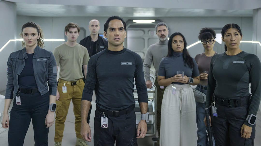 THE ARK -- "We Dont Kill Our Own" Episode 208 -- Pictured: (l-r) Christie Burke as Lt. Sharon Garnet, Ryan Adams as Angus Medford, Pavle Jerinic as Felix Strickland, Reece Ritchie as Lt. Spencer Lane, Jadran Malkovich as Dr. Marsh, Shalini Peiris as Dr. Sanjivni Kabir, Stacey Read as Alicia Nevins, Diana Bermudez as Kimi -- (Photo by: Aleksandar Letic/Ark TV Holdings, Inc./SYFY)