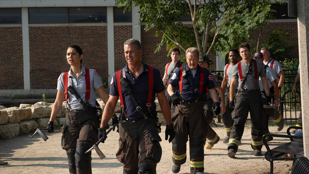 CHICAGO FIRE -- "Ride the Blade" Episode 13002 -- Pictured: (l-r) Miranda Rae Mayo as Stella Kidd, Taylor Kinney as Kelly Severide, Michael Bradway as Damon, Christian Stolte as Randy "Mouch" McHolland, Daniel Kyri as Darren Ritter, Jake Lockett as Sam Carver 