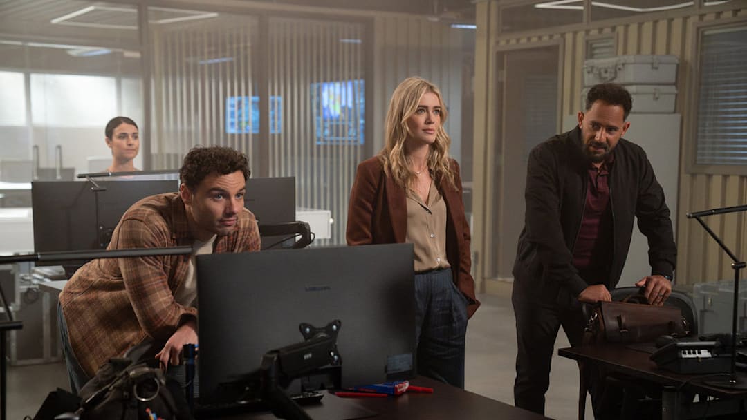 THE HUNTING PARTY -- "Ron Simms" Episode 201 -- Pictured: (l-r) Sara García as Jennifer Morales, Josh McKenzie as Shane Florence, Melissa Roxburgh as Rebecca Henderson, Patrick Sabongui as Jacob Hassani -- (Photo by: Ralph Bavaro/NBC)