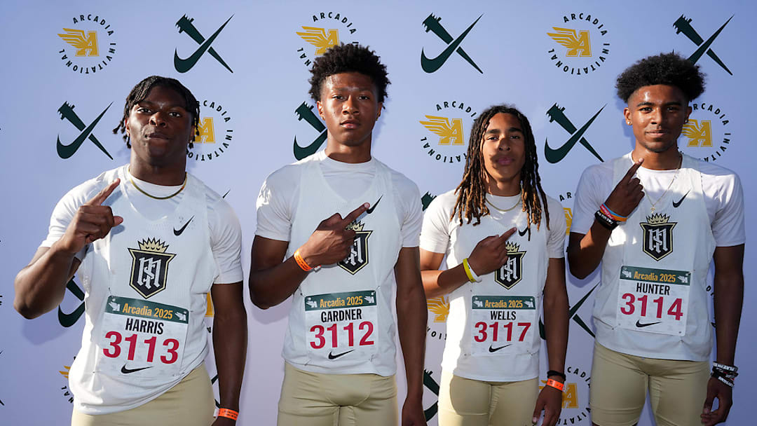 Ben Harris (left) and Servite boys' track and field relay team posing after an impressive performance at the 2025 Arcadia Invitational.
