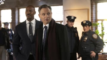 LAW & ORDER -- "Balance Of Power" Episode 23007 -- Pictured: (l-r) Mehcad Brooks as Det. Jalen Shaw, Tony Goldwyn as DA Nicholas Baxter -- (Photo by: Virginia Sherwood/NBC)