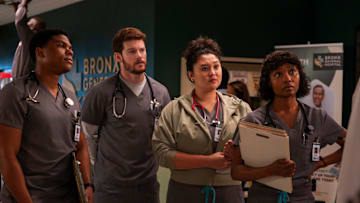 BRILLIANT MINDS -- "The Other Woman" Episode 111 -- Pictured: (l-r) Spence Moore II as Dr. Jacob Nash, Alex MacNicoll as Dr. Van Markus, Aury Krebs as Dr. Dana Dang, Ashleigh LaThrop as Dr. Ericka Kinney