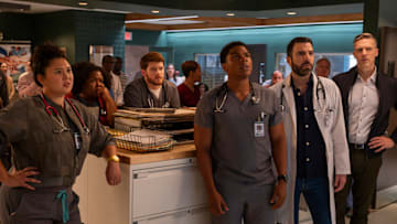 BRILLIANT MINDS -- "The Other Woman" Episode 111 -- Pictured: (l-r) Aury Krebs as Dr. Dana Dang, Dorrett White as Nurse Carter, Alex MacNicoll as Dr. Van Markus, Spence Moore II as Dr. Jacob Nash, Zachary Quinto as Dr. Oliver Wolf, Teddy Sears as Dr. Josh Nichols