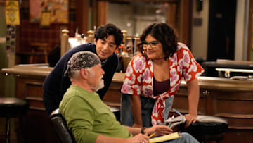 HAPPY'S PLACE -- "Emcee Squared" Episode 109 -- Pictured: (l-r) Pablo Castelblanco as Steve, Rex Linn as Emmett, Belissa Escobedo as Isabella