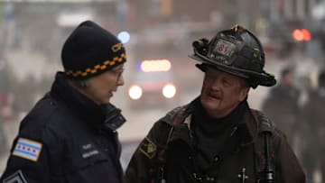 CHICAGO FIRE -- "In The Trenches: Part I" Episode 13011 -- Pictured: (l-r) Amy Morton as Desk Sgt. Trudy Platt, Christian Stolte as Randy "Mouch" McHolland -- (Photo by: Peter Gordon/NBC)