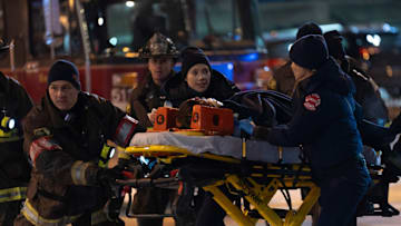 CHICAGO FIRE -- "Too Close" Episode 13015 -- Pictured: (l-r) Anthony Ferraris as Tony Ferraris, David Eigenberg as Christopher Herrmann, Hanako Greensmith as Violet Mikami, Jocelyn Hudon as Lizzy Novak -- (Photo by: Peter Gordon/NBC)