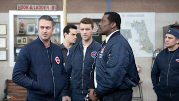 CHICAGO FIRE -- "Light Things Up" Episode 819 -- Pictured: (l-r) Taylor Kinney as Kelly Severide, Alberto Rosende as Blake Gallo, Jesse Spencer as Matthew Casey, Eamonn Walker as Wallace Boden, Anthony Ferraris as himself -- (Photo by: Adrian Burrows/NBC)