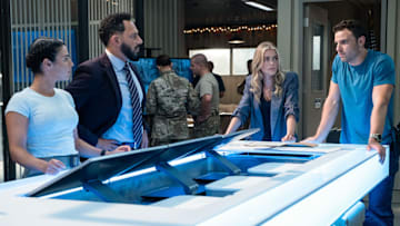 THE HUNTING PARTY -- "Mark Marsden" Episode 107 -- Pictured: (l-r) Sara Garcia as Jennifer Morales, Patrick Sabongui as Jacob Hassani, Melissa Roxburgh as Rebecca 'Bex' Henderson, Josh McKenzie as Shane Florence -- (Photo by: James Dittiger/NBC)