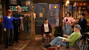 HAPPY'S PLACE -- "Emcee Squared" Episode 109 -- Pictured: (l-r) Reba McEntire as Bobbie, Melissa Peterman as Gabby, Tokala Black Elk as Takoda, Belissa Escobedo as Isabella, Rex Linn as Emmett, Pablo Castelblanco as Steve