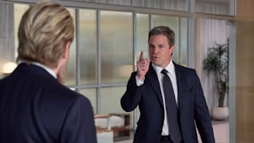 SUITS LA -- "You're on Your Own" Episode 105 -- Pictured: (l-r) Josh McDermitt as Stuart Lane, Stephen Amell as Ted Black -- (Photo by: Trae Patton/NBC)