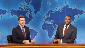SATURDAY NIGHT LIVE -- Episode 1864 -- Pictured: (l-r) Anchor Colin Jost and anchor Michael Che during Weekend Update on Saturday, May 18, 2024 -- (Photo by: Will Heath/NBC)