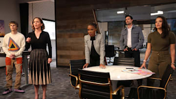FOUND -- "Missing While a Family" Episode 221 -- Pictured: (l-r) Parker Daniel Queenan as Jamie, Kelli Williams as Margaret, Shanola Hampton as Gabi Mosely, Brett Dalton as Detective Mark Trent, Gabrielle Walsh as Lacey -- (Photo by: Matt Miller/NBC)