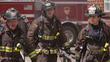 CHICAGO FIRE -- "It Had To End This Way" Episode 13022 -- Pictured: (l-r) Christian Stolte as Randy Mouch McHolland, Jake Lockett as Sam Carver, Miranda Rae Mayo as Stella Kidd -- 