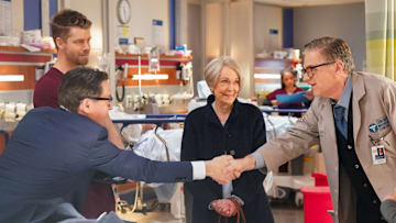 CHICAGO MED -- "The Invisible Hand" Episode 1020 -- Pictured: (l-r) Luke Mitchell as Dr. Mitch Ripley, French Stewart as Frederick "Freddy" Lambert, Deanna Dunagan as Margaret Charles, Oliver Platt as Dr. Daniel Charles -- (Photo by: Elizabeth Sisson/NBC)