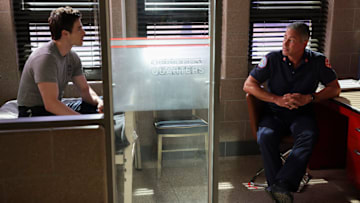 CHICAGO FIRE -- "Ride the Blade" Episode 13002 -- Pictured: (l-r) Michael Bradway as Damon, Taylor Kinney as Kelly Severide -- (Photo by: George Burns Jr/NBC)