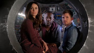 TIMELESS -- "The Miracle of Christmas Part II" Episode 212 -- Pictured: (l-r) Abigail Spencer as Lucy Preston, Malcolm Barrett as Rufus Carlin, Matt Lanter as Wyatt Logan -- (Photo by: Darren Michaels/Sony/NBC)