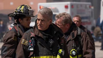 CHICAGO FIRE -- "It Had To End This Way" Episode 13022 -- Pictured: (l-r) Miranda Rae Mayo as Stella Kidd, Dermot Mulroney as Chief Dom Pascal, Christian Stolte as Randy Mouch McHolland -- (Photo by: Peter Gordon/NBC)