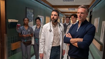 BRILLIANT MINDS -- "Phantom Hook" Episode 201 -- Pictured: (l-r) Ashleigh LaThrop as Dr. Ericka Kinney, Aury Krebs as Dr. Dana Dang, Zachary Quinto as Dr. Oliver Wolf, Alex MacNicoll as Dr. Van Markus, Brian Altemus as Dr. Charlie Porter, Teddy Sears as Dr. Josh Nichols -- (Photo by: Pief Weyman/NBC)
