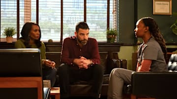 BRILLIANT MINDS -- "Fire Fighter" Episode 209 -- Pictured: (l-r) Tamberla Perry as Dr. Carol Pierce, Zachary Quinto as Dr. Oliver Wolf, Ashleigh LaThrop as Dr. Ericka Kinney -- (Photo by: Pief Weyman/NBC)