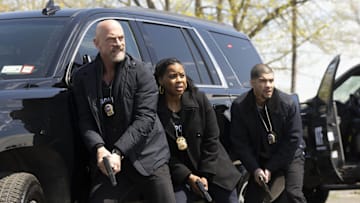LAW & ORDER: ORGANIZED CRIME -- "Stabler's Lament" Episode 413 -- Pictured: (l-r) Christopher Meloni as Det. Elliot Stabler, Danielle Moné Truitt as Sergeant Ayanna Bell, Rick Gonzalez as Det. Bobby Reyes -- (Photo by: Virginia Sherwood/NBC)