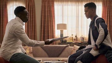 BEL-AIR -- “Where To?” Episode 110 -- Pictured: (l-r) Olly Sholotan as Carlton Banks, Jabari Banks as Will Smith -- (Photo by: Adam Rose/Peacock)