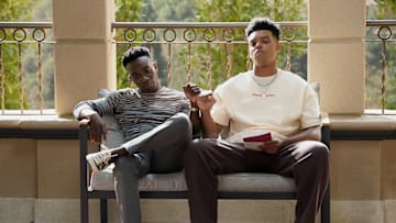 BEL-AIR -- "Out all Night" Episode 304 -- Pictured: (l-r) Olly Sholotan as Carlton, Jabari Banks as Will  (Photo by: Greg Gayne/PEACOCK)