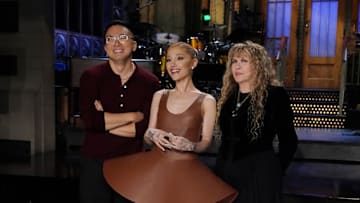 SATURDAY NIGHT LIVE -- Episode 1867 -- Pictured: (l-r) Bowen Yang, host Ariana Grande, and musical guest Stevie Nicks during Promos in Studio 8H on Thursday, October 10, 2024 