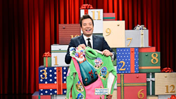 THE TONIGHT SHOW STARRING JIMMY FALLON -- Episode 2225 -- Pictured: Host Jimmy Fallon during 12 Days of Xmas Sweaters - Door 9 on Thursday, December 4, 2025 -- (Photo by: Todd Owyoung/NBC)