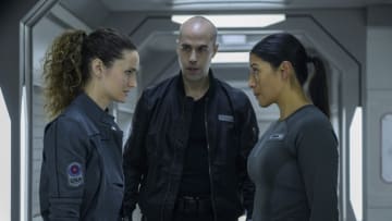 THE ARK -- "It Cant Be True" Episode 207 -- Pictured: (l-r) Christie Burke as Lt. Sharon Garnet, Pavle Jerinic as Felix Strickland, Diana Bermudez as Kimi -- (Photo by: Aleksandar Letic/Ark TV Holdings, Inc./SYFY)